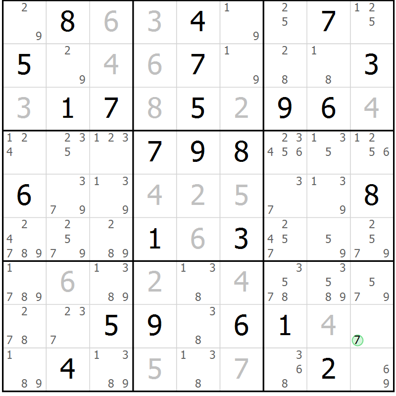 Position des candidats pour la solution de la Gr 74 page 77 du magazine de sudoku Maestro n° 101