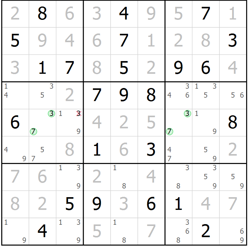 Position des candidats pour la solution de la Gr 74 page 77 du magazine de sudoku Maestro n° 101