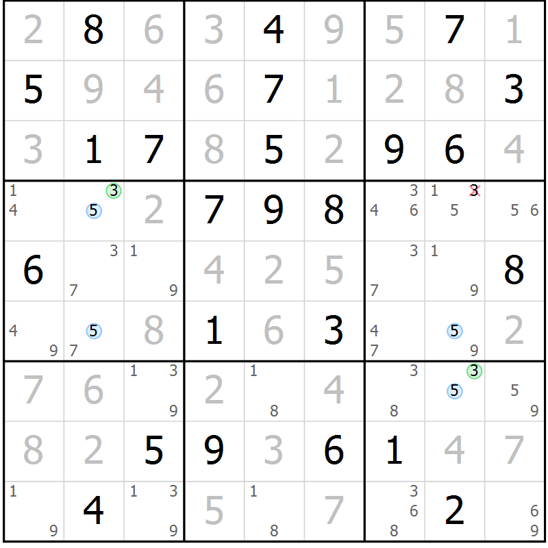 Position des candidats pour la solution de la Gr 74 page 77 du magazine de sudoku Maestro n° 101