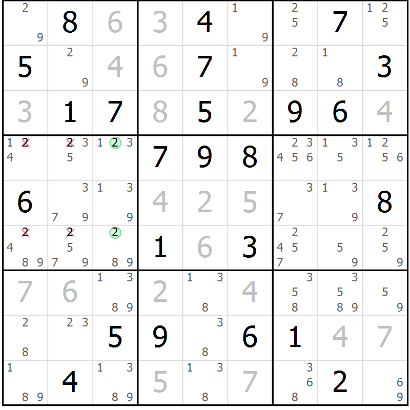 Position des candidats pour la solution de la Gr 74 page 77 du magazine de sudoku Maestro n° 101