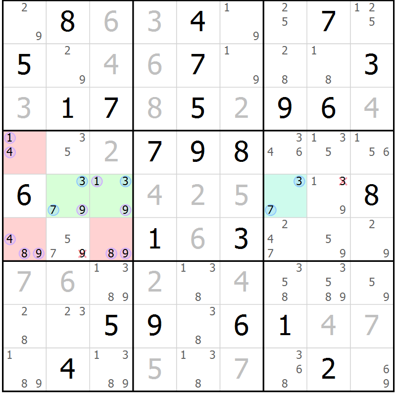 Position des candidats pour la solution de la Gr 74 page 77 du magazine de sudoku Maestro n° 101