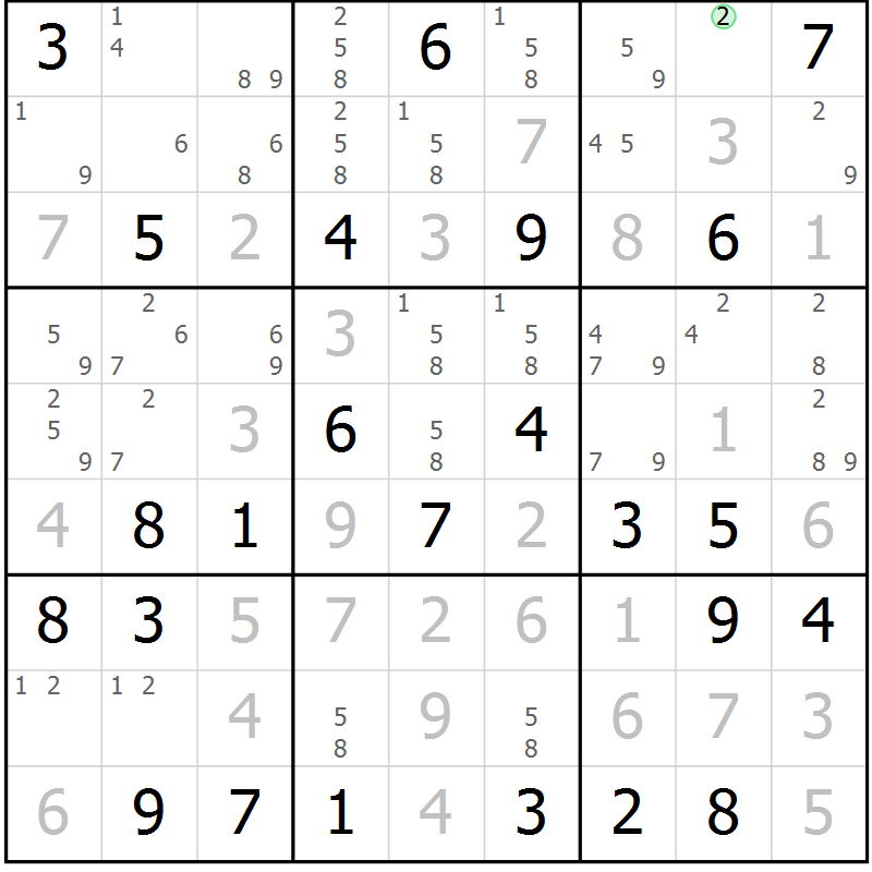 Position des candidats pour la solution de la Gr 75 page 78 du magazine de sudoku Maestro n° 101