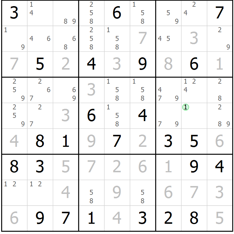 Position des candidats pour la solution de la Gr 75 page 78 du magazine de sudoku Maestro n° 101