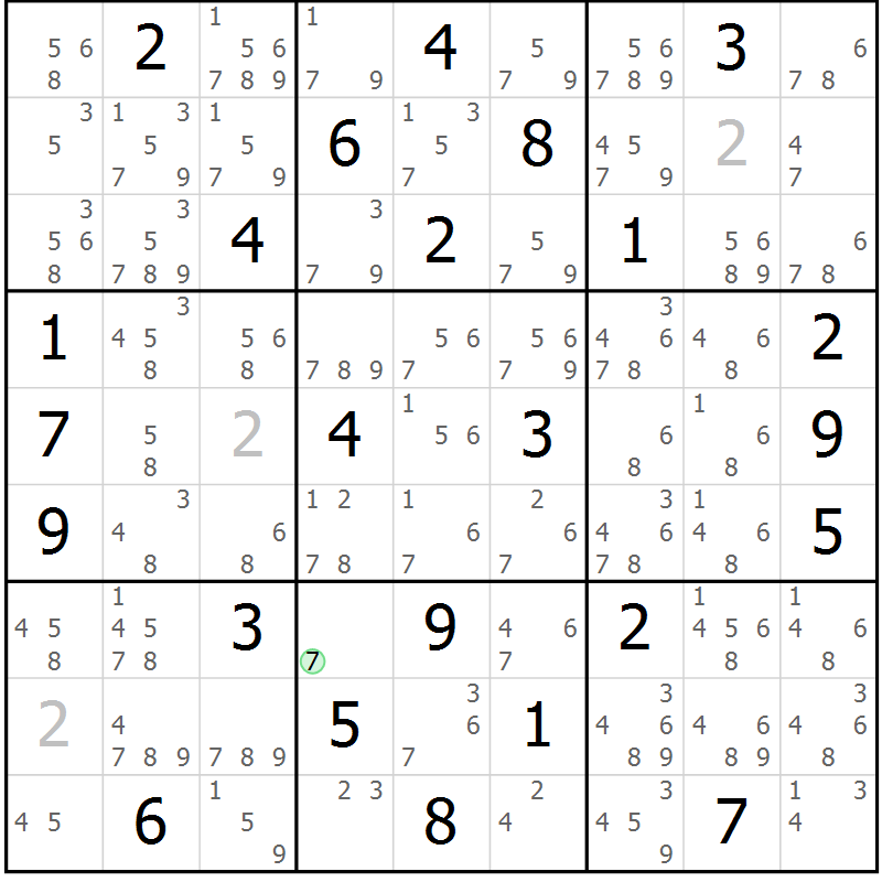 Position des candidats pour la solution de la Gr 76 page 79 du magazine de sudoku Maestro n° 101