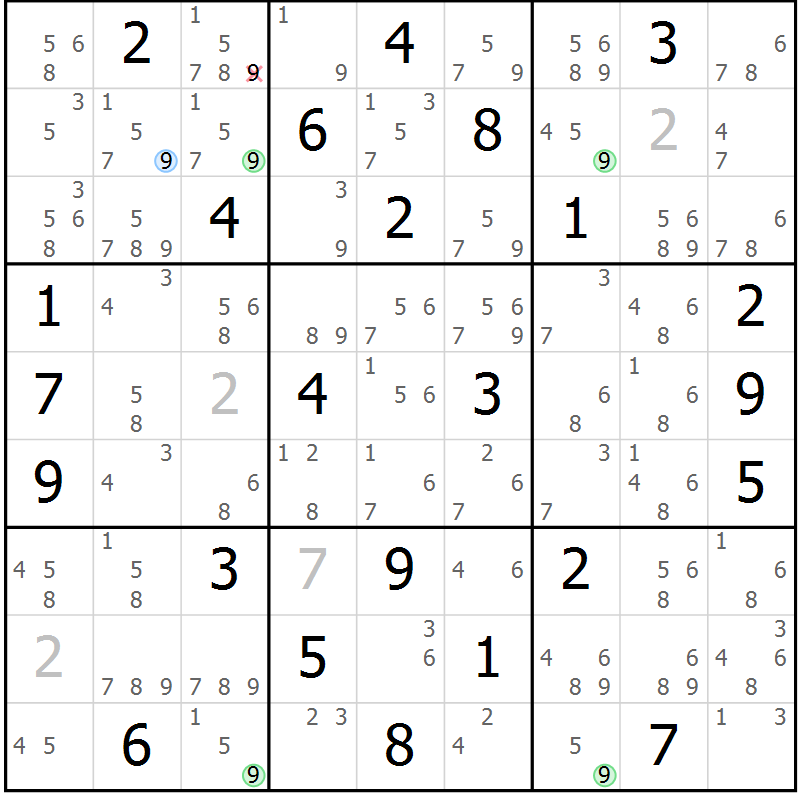 Position des candidats pour la solution de la Gr 76 page 79 du magazine de sudoku Maestro n° 101