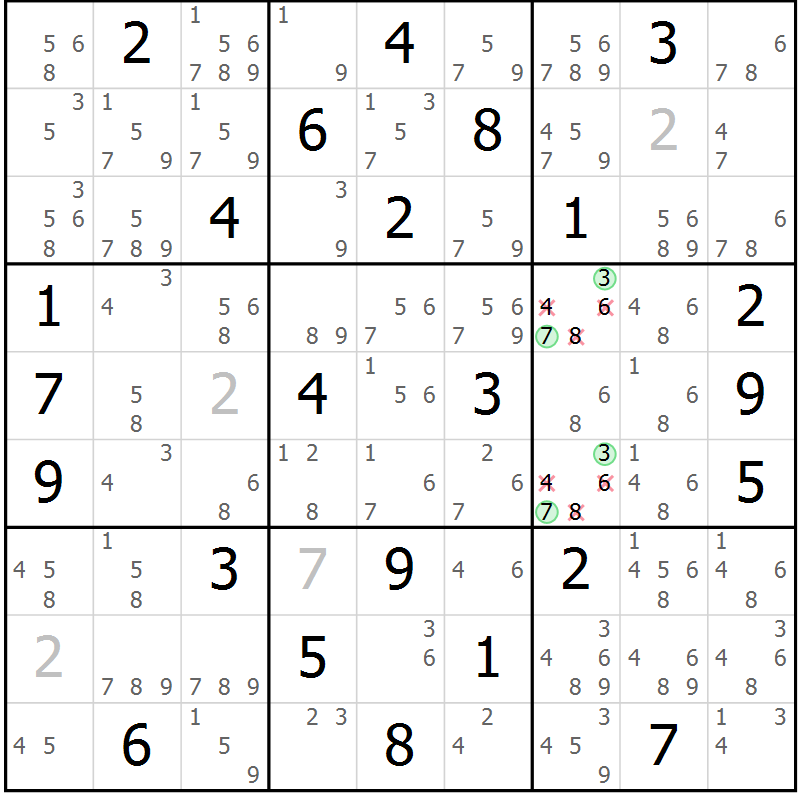 Position des candidats pour la solution de la Gr 76 page 79 du magazine de sudoku Maestro n° 101