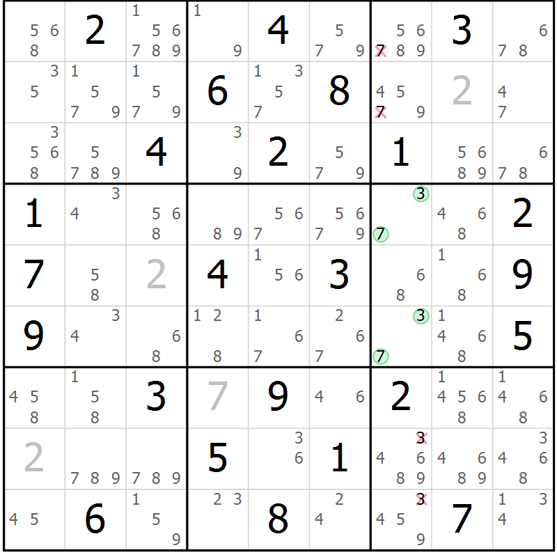 Position des candidats pour la solution de la Gr 76 page 79 du magazine de sudoku Maestro n° 101