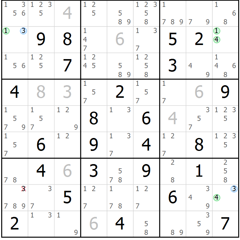 Position des candidats pour la solution de la Gr 77 page 80 du magazine de sudoku Maestro n° 101