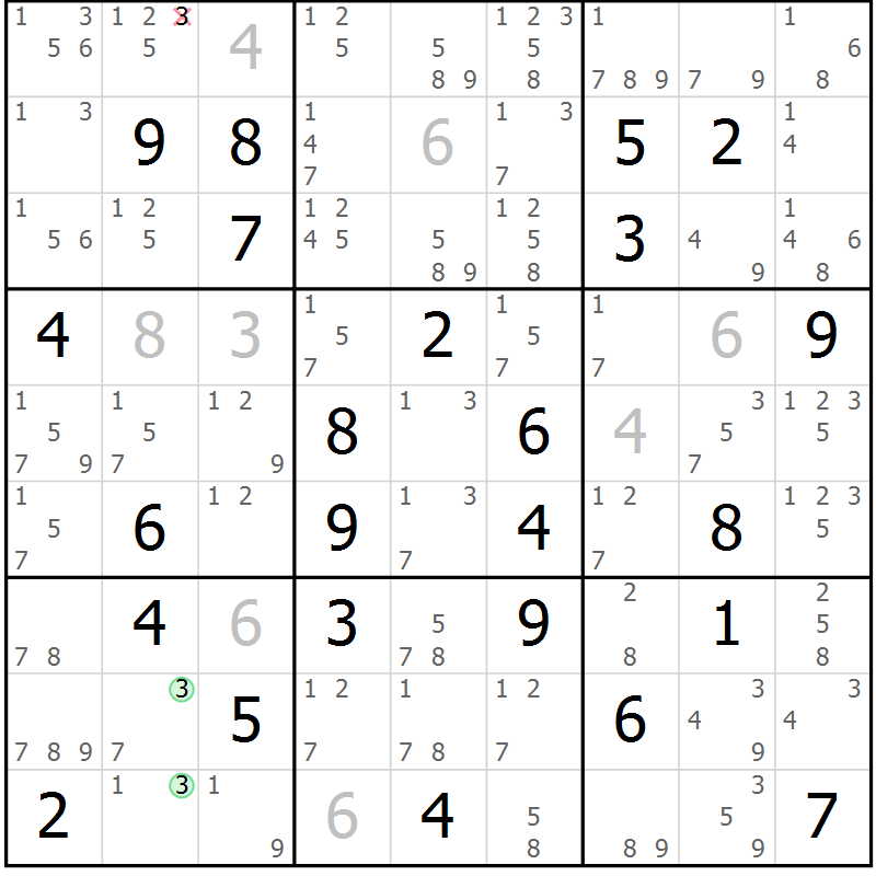 Position des candidats pour la solution de la Gr 77 page 80 du magazine de sudoku Maestro n° 101