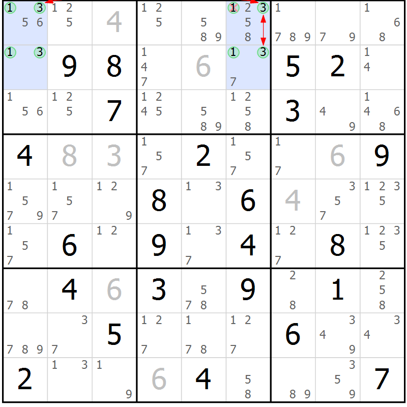 Position des candidats pour la solution de la Gr 77 page 80 du magazine de sudoku Maestro n° 101