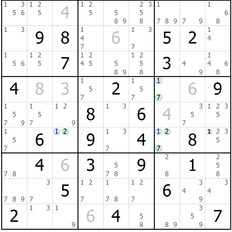Position des candidats pour la solution de la Gr 77 page 80 du magazine de sudoku Maestro n° 101