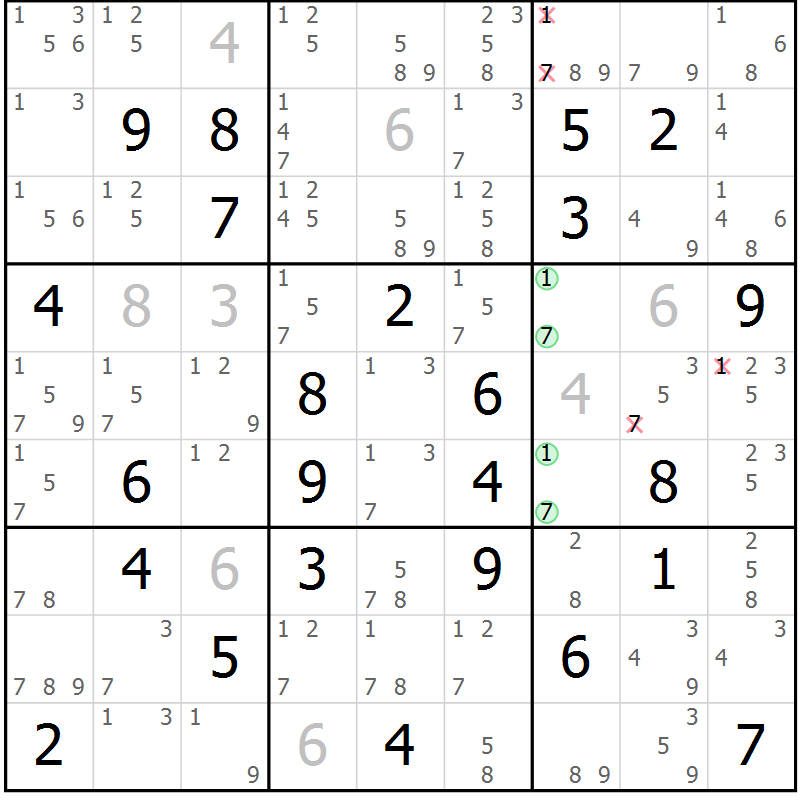 Position des candidats pour la solution de la Gr 77 page 80 du magazine de sudoku Maestro n° 101