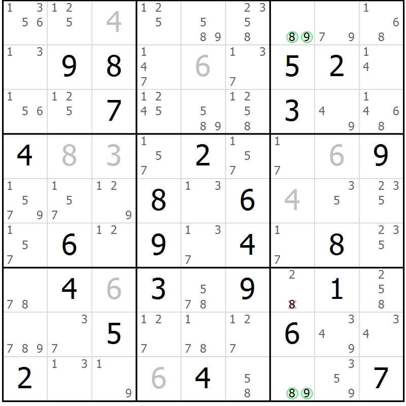 Position des candidats pour la solution de la Gr 77 page 80 du magazine de sudoku Maestro n° 101