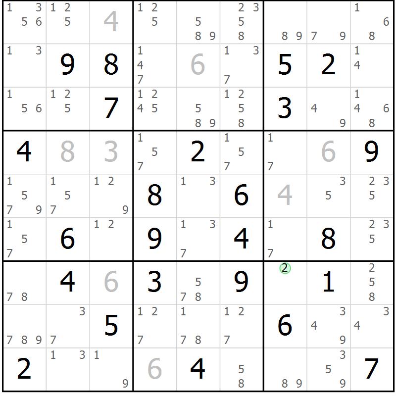 Position des candidats pour la solution de la Gr 77 page 80 du magazine de sudoku Maestro n° 101