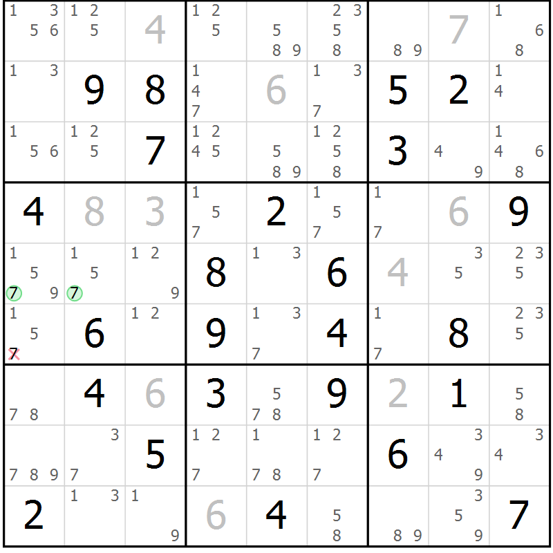 Position des candidats pour la solution de la Gr 77 page 80 du magazine de sudoku Maestro n° 101