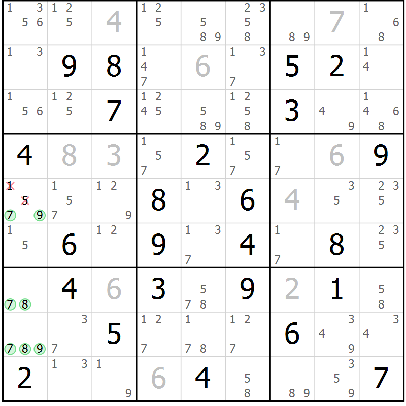 Position des candidats pour la solution de la Gr 77 page 80 du magazine de sudoku Maestro n° 101
