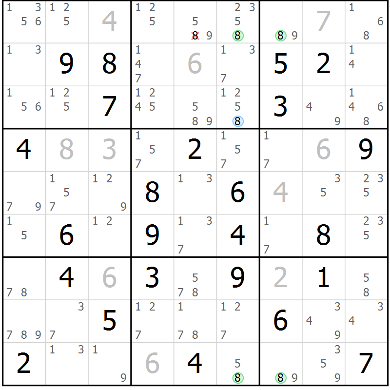 Position des candidats pour la solution de la Gr 77 page 80 du magazine de sudoku Maestro n° 101