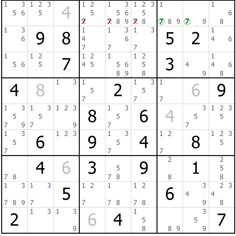 Position des candidats pour la solution de la Gr 77 page 80 du magazine de sudoku Maestro n° 101