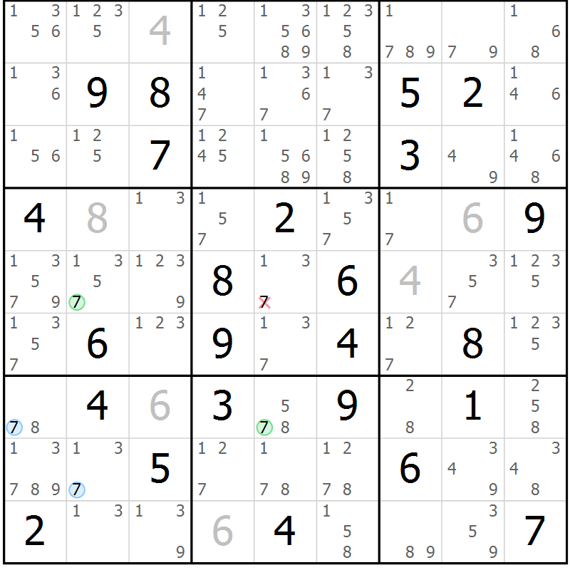 Position des candidats pour la solution de la Gr 77 page 80 du magazine de sudoku Maestro n° 101