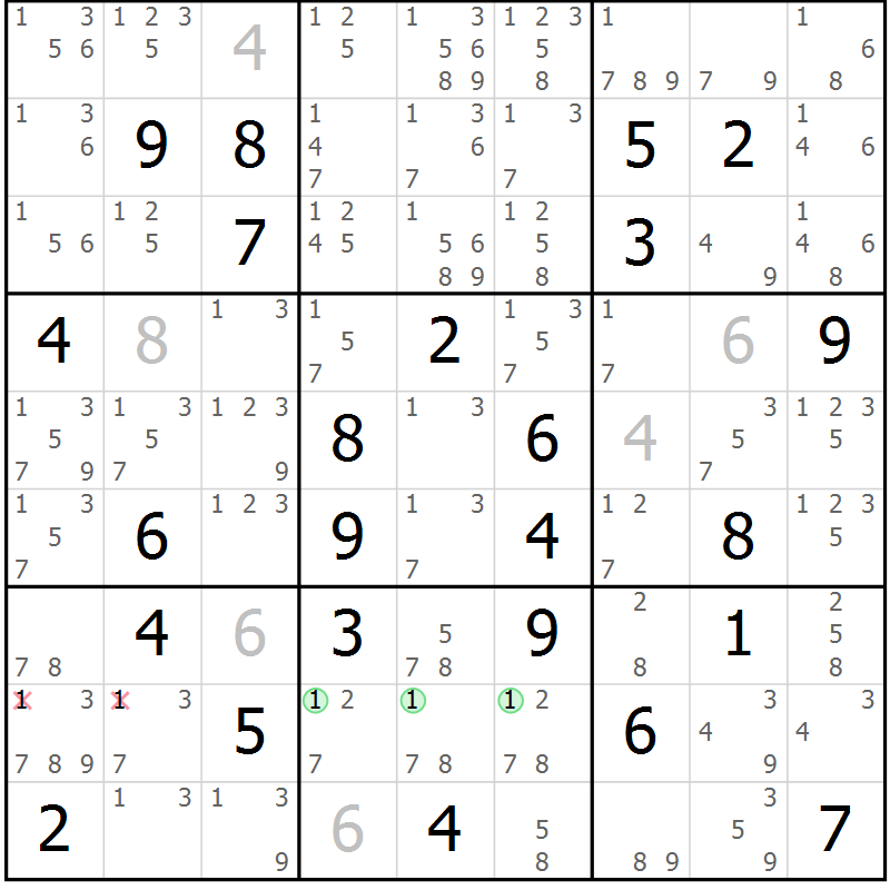 Position des candidats pour la solution de la Gr 77 page 80 du magazine de sudoku Maestro n° 101