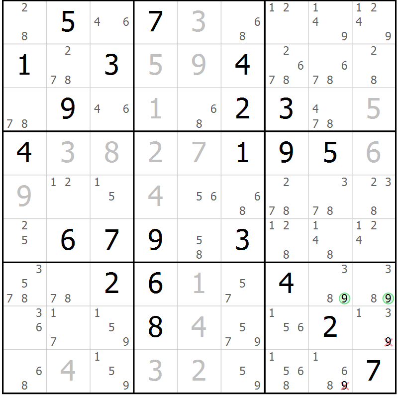 Position des candidats pour la solution de la Gr 78 page 81 du magazine de sudoku Maestro n° 101