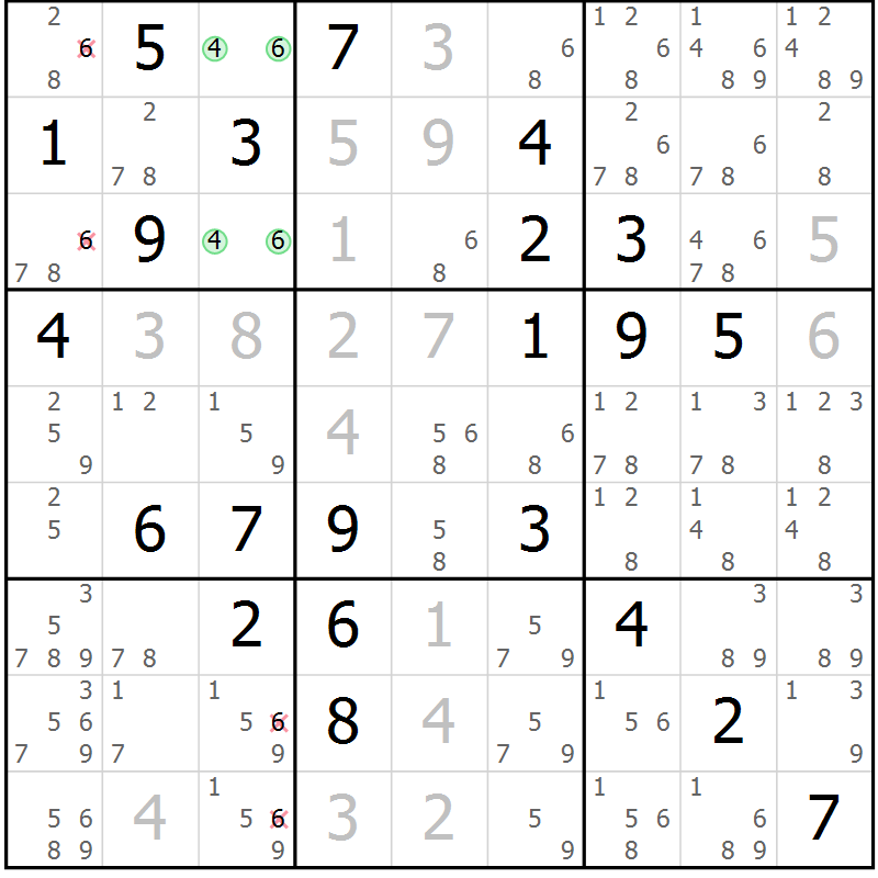Position des candidats pour la solution de la Gr 78 page 81 du magazine de sudoku Maestro n° 101