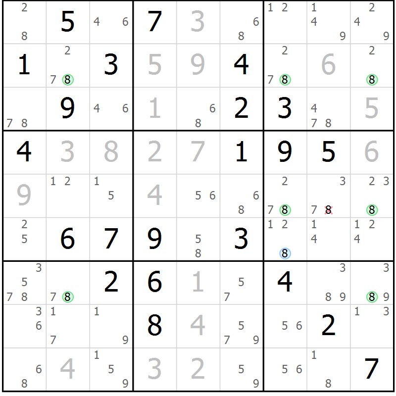 Position des candidats pour la solution de la Gr 78 page 81 du magazine de sudoku Maestro n° 101