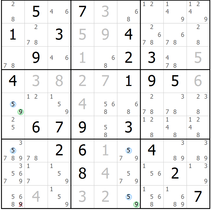 Position des candidats pour la solution de la Gr 78 page 81 du magazine de sudoku Maestro n° 101