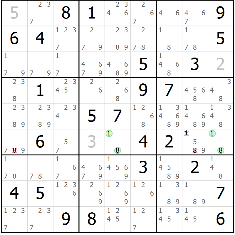 Position des candidats pour la solution de la Gr 79 page 82 du magazine de sudoku Maestro n° 101