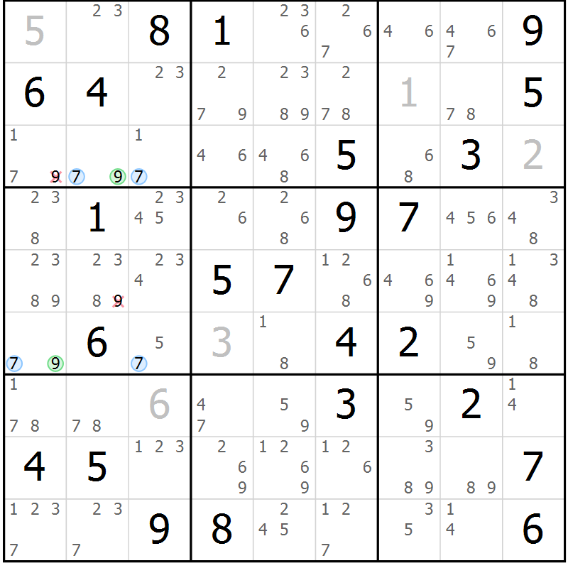 Position des candidats pour la solution de la Gr 79 page 82 du magazine de sudoku Maestro n° 101