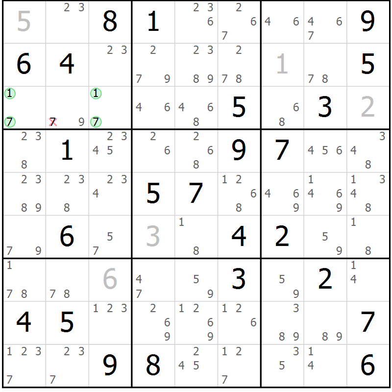 Position des candidats pour la solution de la Gr 79 page 82 du magazine de sudoku Maestro n° 101