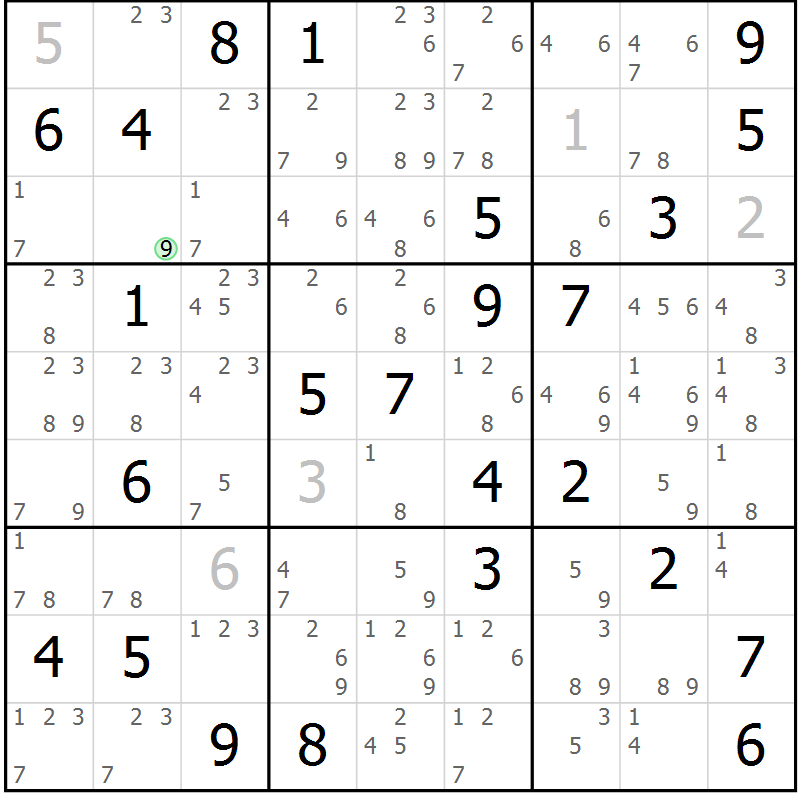 Position des candidats pour la solution de la Gr 79 page 82 du magazine de sudoku Maestro n° 101