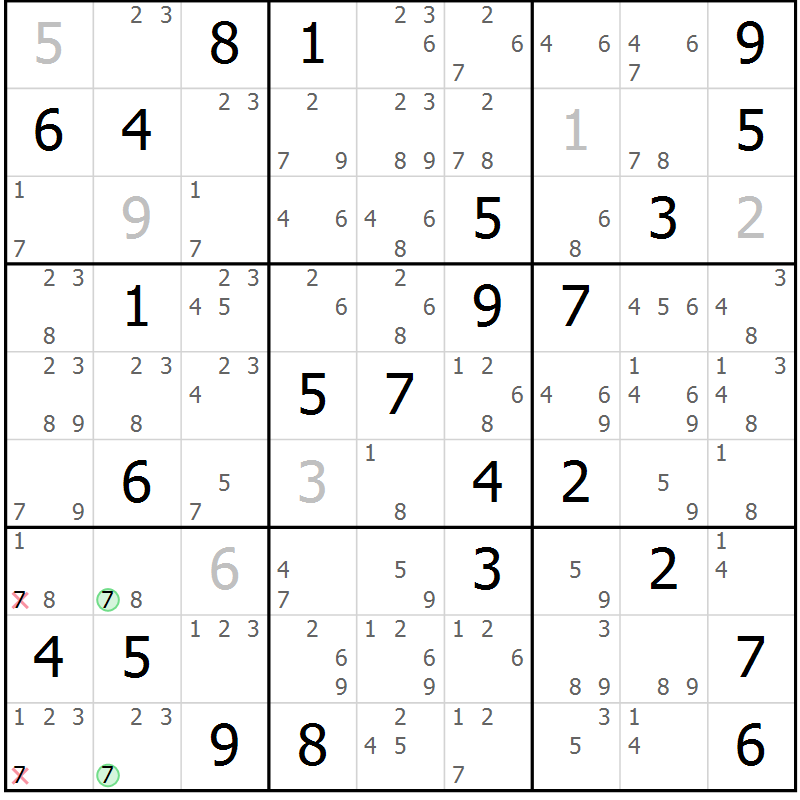 Position des candidats pour la solution de la Gr 79 page 82 du magazine de sudoku Maestro n° 101