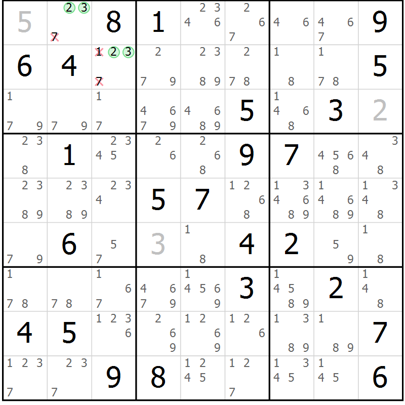 Position des candidats pour la solution de la Gr 79 page 82 du magazine de sudoku Maestro n° 101
