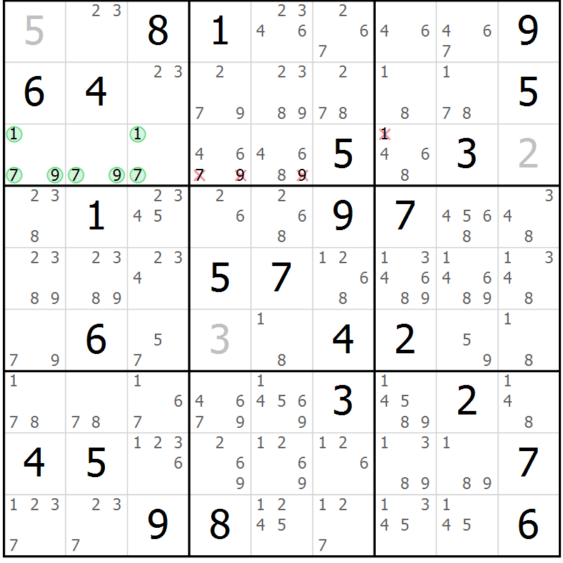 Position des candidats pour la solution de la Gr 79 page 82 du magazine de sudoku Maestro n° 101