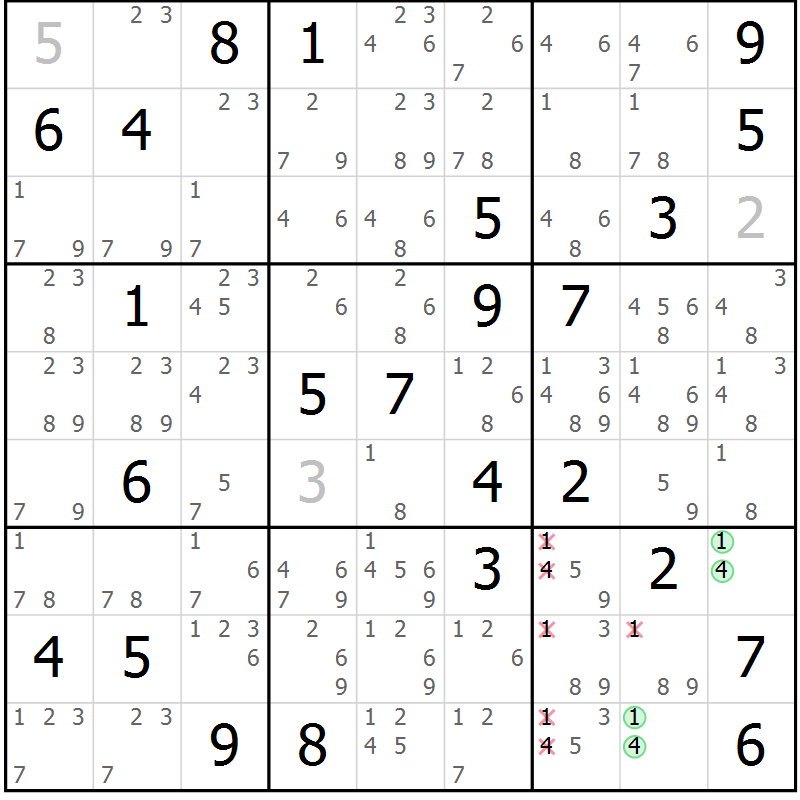 Position des candidats pour la solution de la Gr 79 page 82 du magazine de sudoku Maestro n° 101