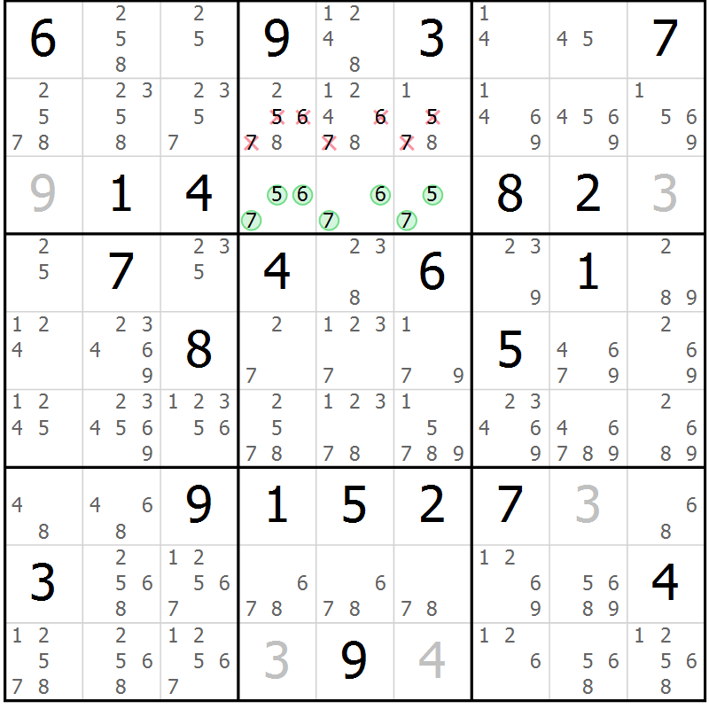Position des candidats pour la solution de la Gr 8 page 11 du magazine de sudoku Maestro n° 101