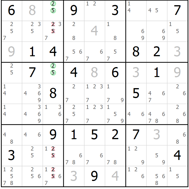 Position des candidats pour la solution de la Gr 8 page 11 du magazine de sudoku Maestro n° 101