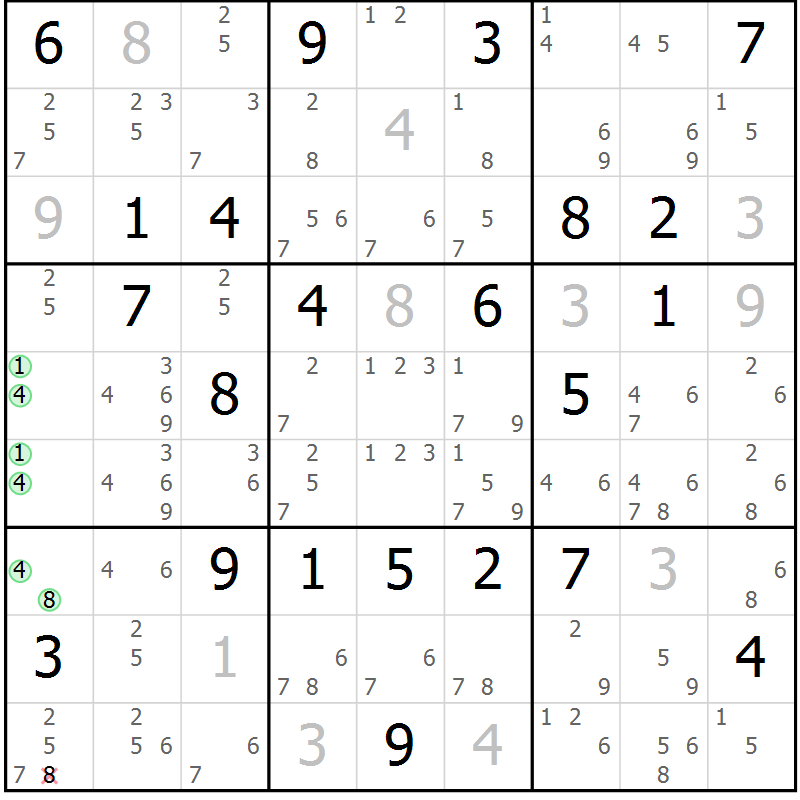 Position des candidats pour la solution de la Gr 8 page 11 du magazine de sudoku Maestro n° 101