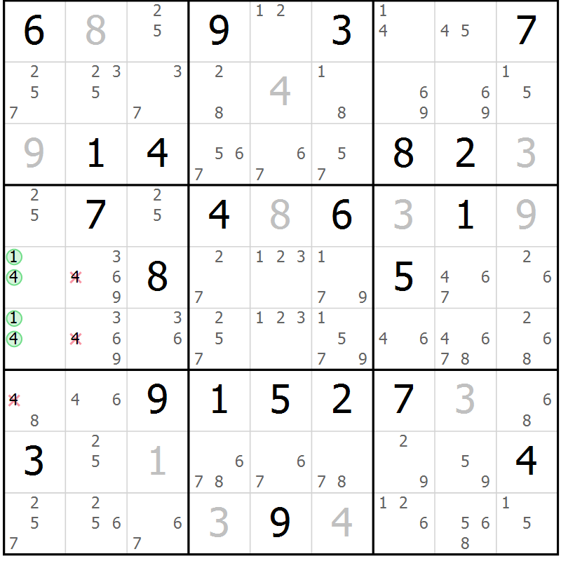 Position des candidats pour la solution de la Gr 8 page 11 du magazine de sudoku Maestro n° 101