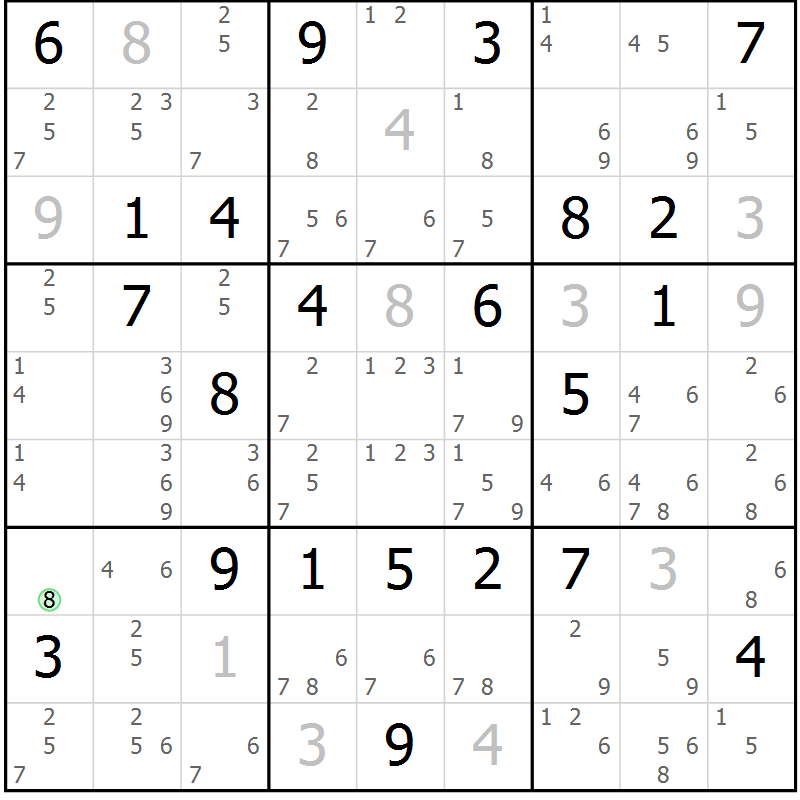 Position des candidats pour la solution de la Gr 8 page 11 du magazine de sudoku Maestro n° 101