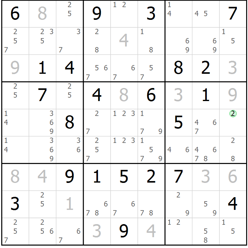 Position des candidats pour la solution de la Gr 8 page 11 du magazine de sudoku Maestro n° 101