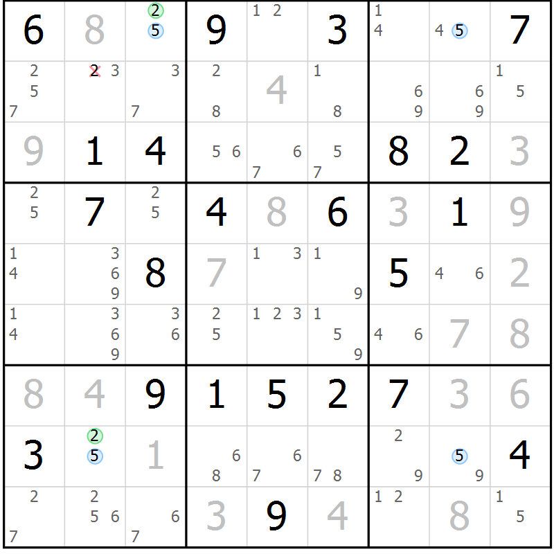Position des candidats pour la solution de la Gr 8 page 11 du magazine de sudoku Maestro n° 101