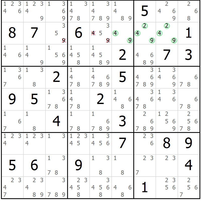 Position des candidats pour la solution de la Gr 80 page 83 du magazine de sudoku Maestro n° 101