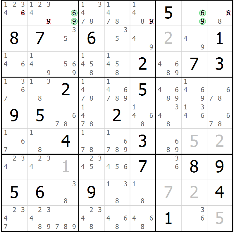 Position des candidats pour la solution de la Gr 80 page 83 du magazine de sudoku Maestro n° 101