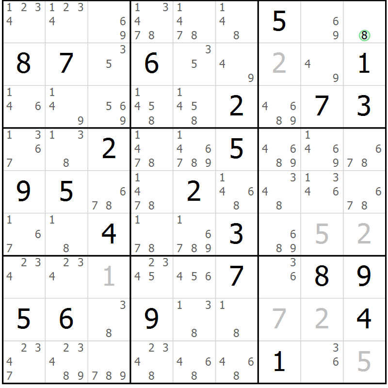 Position des candidats pour la solution de la Gr 80 page 83 du magazine de sudoku Maestro n° 101