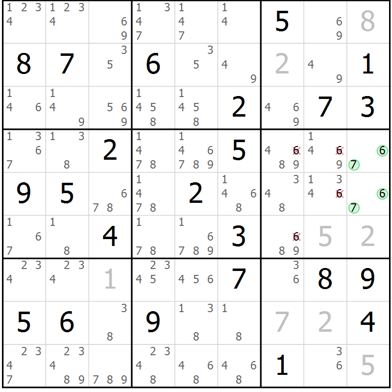Position des candidats pour la solution de la Gr 80 page 83 du magazine de sudoku Maestro n° 101