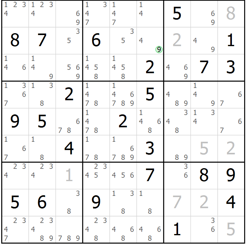 Position des candidats pour la solution de la Gr 80 page 83 du magazine de sudoku Maestro n° 101