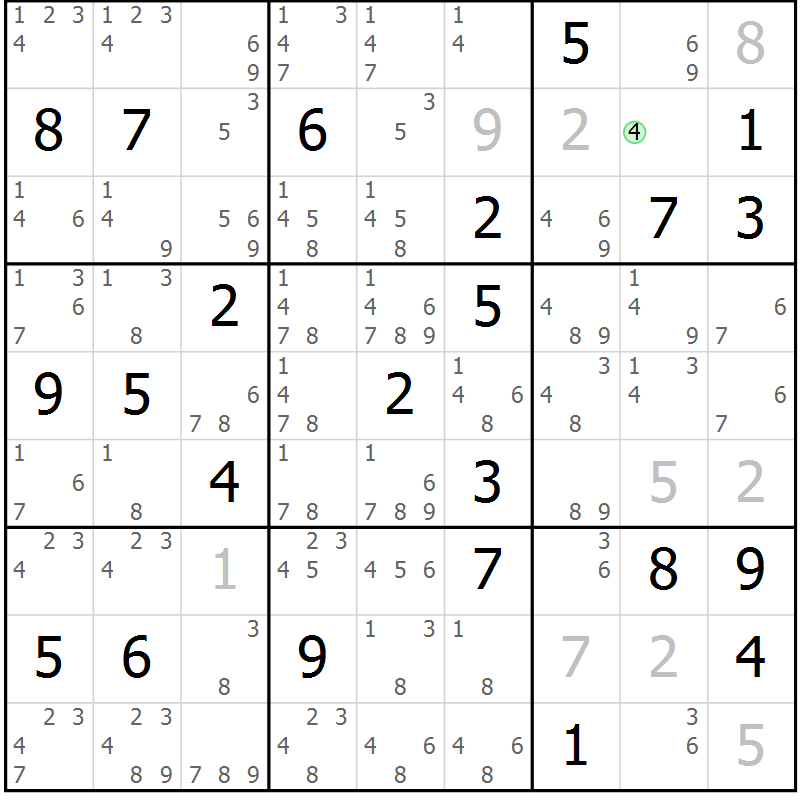 Position des candidats pour la solution de la Gr 80 page 83 du magazine de sudoku Maestro n° 101