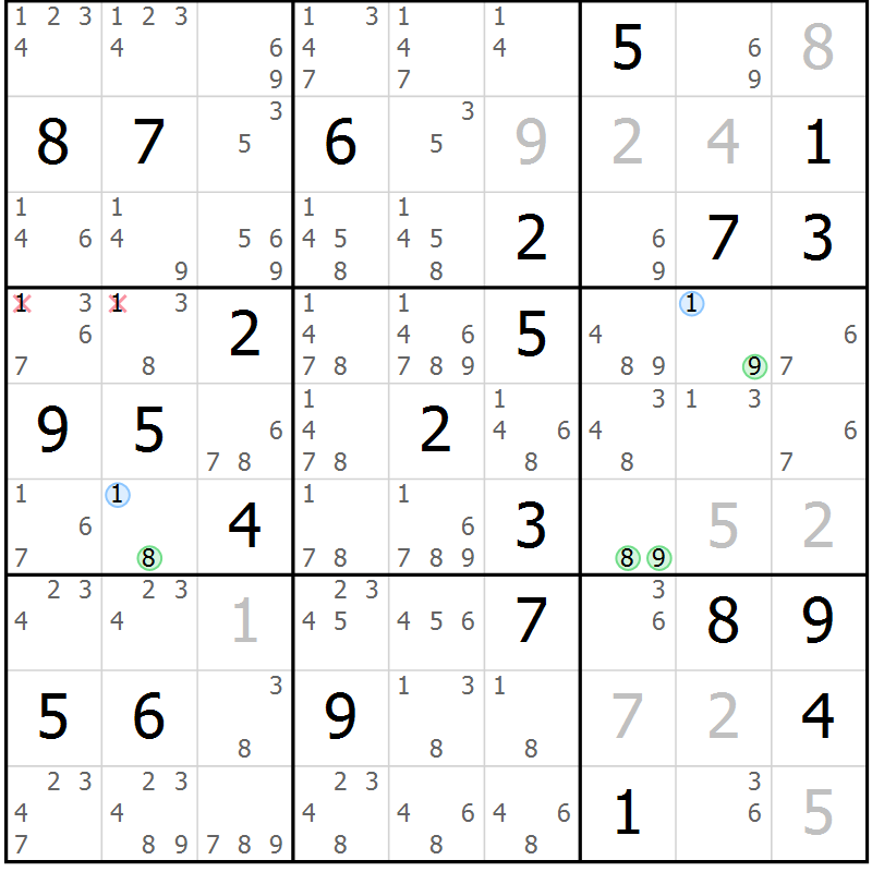 Position des candidats pour la solution de la Gr 80 page 83 du magazine de sudoku Maestro n° 101